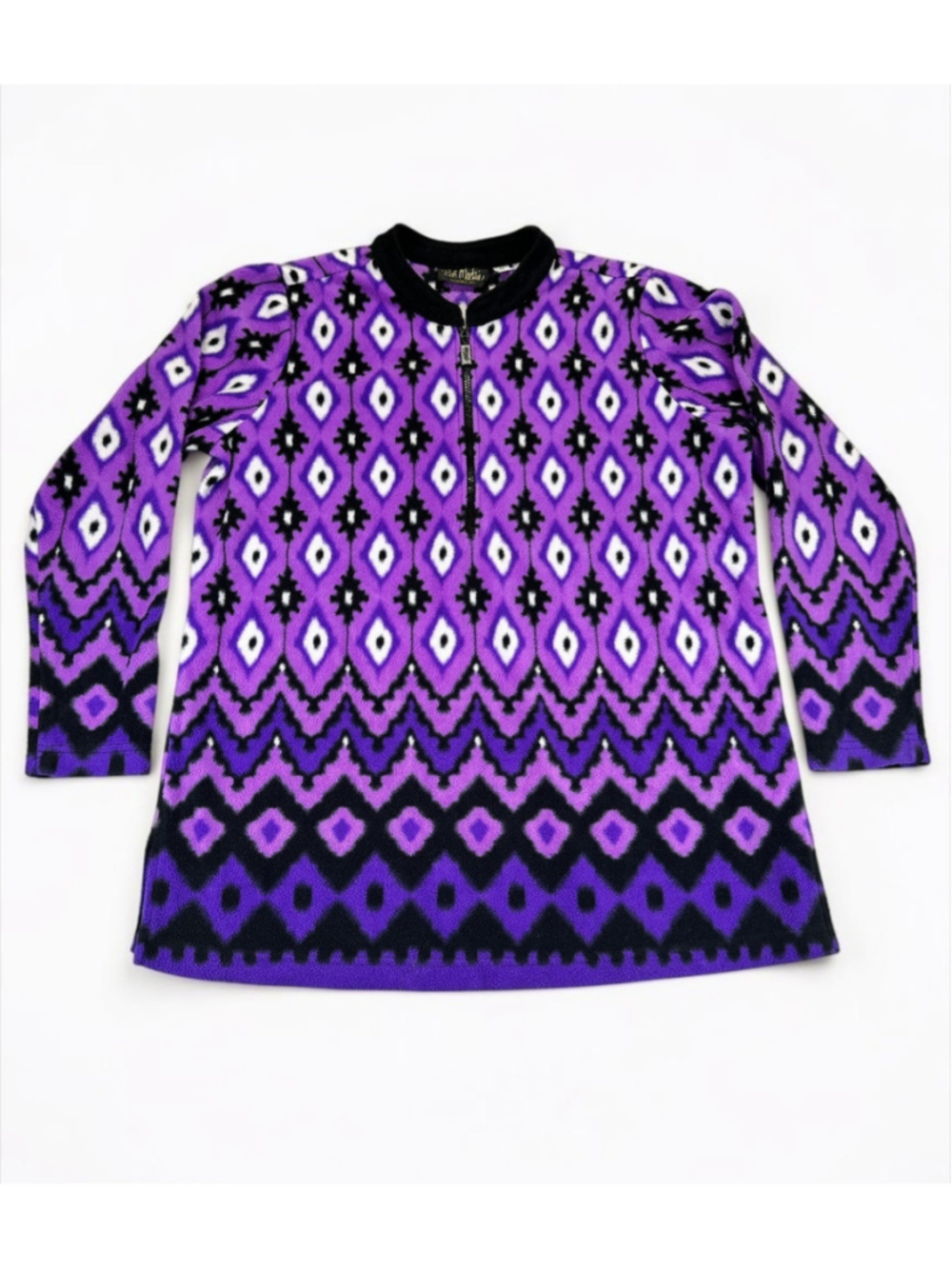 Bob Mackie Wearable Art Women’s Fleece Sweater Size M Purple Black Ikat Half Zip